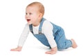 Happy crawling Baby Side view over White. Laughing Active Child study to crawl. Babies Development and Growth. Playful little Kid Royalty Free Stock Photo