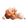 Happy creative cartoon girl fell asleep on balls of wool. Hobby courses or master classes for teaching knitting