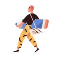 Happy creative man holding big pencil. Designer carrying huge pen. Modern writer-editor. Colored flat vector