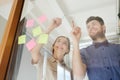 Happy creative team writing on blank office glass