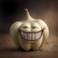 Happy creepy garlic laughing on kitchen table