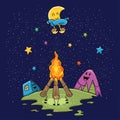 Happy crescent with bonfire helps in camping illustration