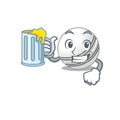 Happy cricket ball mascot design with a big glass