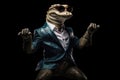 Happy Crocodile In Suit And Sunglasses On Black Background. Generative AI