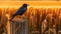 Happy Crow On Fence Post In Lush Corn Field Royalty Free Stock Photo