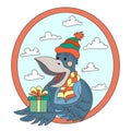 A happy crow in a hat and scarf with a gift box in his hands. New Year`s collection