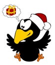 Happy crow wearing christmas cap with thinking bubble