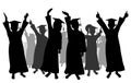 Happy crowd of graduates children in square academic caps. Cheerful people silhouette. Graduation ceremony. Vector illustration