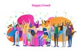 Happy crowd vector illustration. Man and woman with raised hands celebrates victory or win. Happy human confetti party.