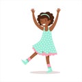 Happy Curly Girl In Classic Girly Color Polka-Dotted Dress Smiling Cartoon Character