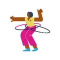 Happy curly woman spins two hula hoops at once flat style Royalty Free Stock Photo