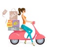 Happy customer. Cute Woman on Scooter Driving from Shopping Sale