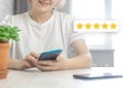Happy customer evaluate with five star, review the service, and feedback icon, concept of excellent rank for giving best