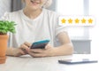 Happy customer evaluate with five star, review the service, and feedback icon, concept of excellent rank for giving best score Royalty Free Stock Photo