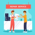 Happy customer picks up his computer from a electronics repair service. Flat vector illustration.