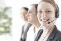 Happy customer support phone operator at office Royalty Free Stock Photo