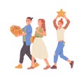 Happy customers group walking with gifts, money and reward bonuses using special offer for clients Royalty Free Stock Photo