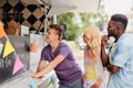 Happy customers queue or friends at food truck Royalty Free Stock Photo