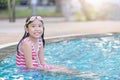 Girl wear goggle and smile in swimming pool