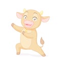 Happy cute baby bull presenting. Vector cartoon character on white background.