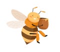 Happy cute bee holding and hugging clay pot with honey. Smiling adorable honeybee with sweet funny face. Childish