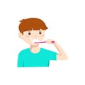 Happy cute boy brushing his teeth. Oral hygiene. Vector illustration in a flat style isolated on a white background