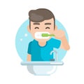 Happy cute boy brushing teeth in bathroom, Vector character illustration. Royalty Free Stock Photo