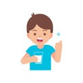 Happy cute boy drinking milk, holding glass of milk concept, vector flat illustration.