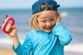 Happy cute boy flying kite Royalty Free Stock Photo