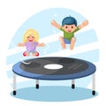 Happy cute boy girl children jump on trampoline flat design vector illustration Royalty Free Stock Photo