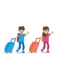 Happy cute boy and girl pull bag go travel design illustration