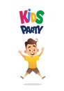 Happy cute boy jumping for joy kids party on white background Royalty Free Stock Photo
