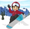 Happy cute boy jumping with snowboard at ski resort