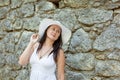 Happy cute brunette woman in park on summer day. Cheerful beautiful woman Royalty Free Stock Photo