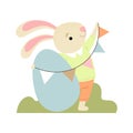 Happy Cute Bunny with Egg and Party Flags, Happy Easter, Design Element for Greeting Card, Invitation, Poster, Banner Royalty Free Stock Photo
