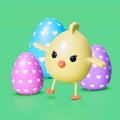 Happy cute cartoon baby chick among colorful painted easter eggs 3d render. Cheerful spring Easter illustration with