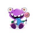 Happy cute cartoon monster character illustration. Holding lolipop. Fit for t-shirt design, print, halloween decoration, birthday