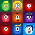 Happy cute cartoon monster faces vector set. cute square avatars and icons