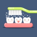 Happy Cute cartoon tooth and toothbrush. Brushing Teeth. Toothpaste bubbles foam. Oral hygiene. Dental kids care. Flat Royalty Free Stock Photo