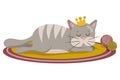 Happy cute cat kitty in crown lies and sleeps. Cartoon animal pet character isolated on white. Flat style vector