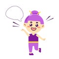 Happy cute chibi girl with speech bubble. Cheerful kawaii character. Colorful vector illustration isolated