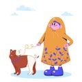 Happy cute child walks through the puddles in yellow raincoat and with dog.Raining season.Vector illustration,y2k Royalty Free Stock Photo