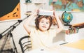 Happy cute clever boy with book. Educational process. Little ready to study. Little children at school lesson. Royalty Free Stock Photo