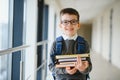 Happy cute clever boy in glasses with school bag and book in his hand. First time to school. Back to school. Royalty Free Stock Photo