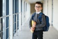 Happy cute clever boy in glasses with school bag and book in his hand. First time to school. Back to school Royalty Free Stock Photo