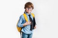Happy cute clever boy in glasses with school bag and tablet in his hand. Back to school. Royalty Free Stock Photo