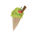Happy Cute Delicious Pistachio Ice Cream Cone Cartoon Character, Adorable Kawaii Sweet Dessert Vector Illustration Royalty Free Stock Photo