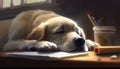 Happy cute dog with reading fell asleep in a comfortable table with a book