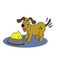 Happy a cute dog will eat its food in dog foof bowl cartoon illustration Royalty Free Stock Photo