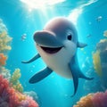 Happy cute dolphin cartoon character in pixar style, the universe background,in the sea Generative AI Royalty Free Stock Photo
